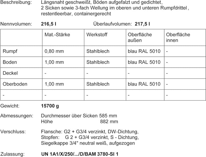 Maier Stahlfass Blechfass Spundfass Ölfass Deckelfass Metallfass, 216 Liter (blau)