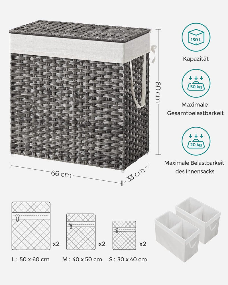 SONGMICS Wäschekorb mit Deckel, Wäschesammler 130 Liter, 2 Fächer, herausnehmbarer Wäschesack mit Gr