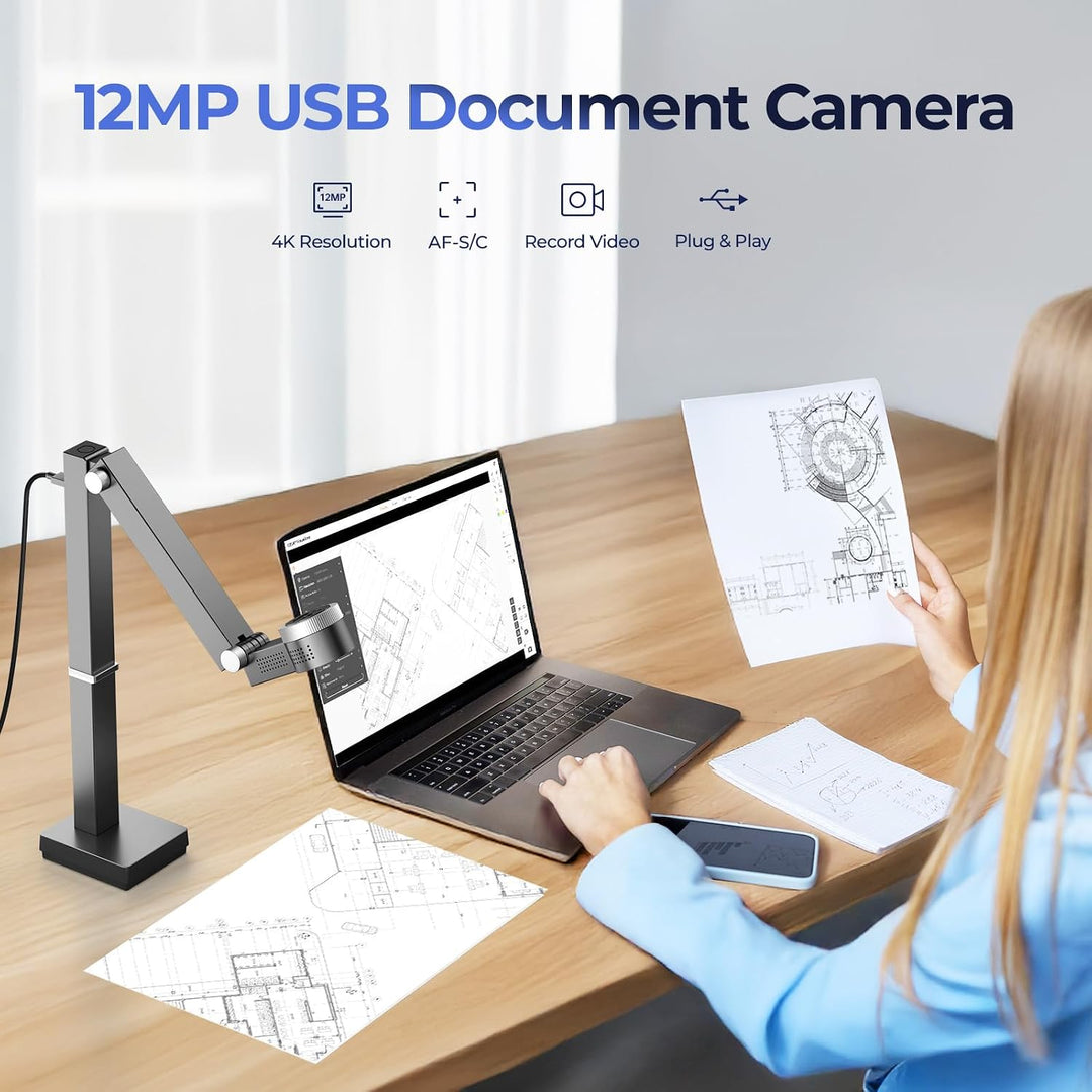 CZUR Fancy S Pro 4K USB-Dokumentenkamera & 12MP Webcam mit LED-Licht und Mikrofon, bis zu 60 fps, Au