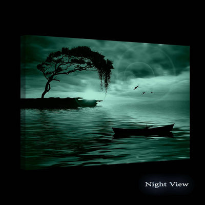 Startonight Bilder Blauer Landschaft Baum, Boot und Meer, Leinwandbilder Moderne Kunst, Abstrakte Wa