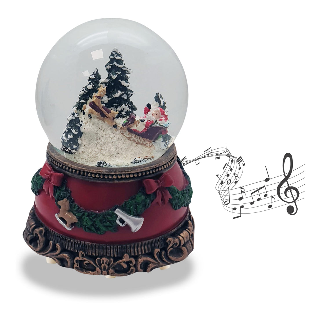Schneekugel Weihnachten Spieluhr | Santa im Schlitten | Sockel Weihnachten rot Tannengirlande | mit