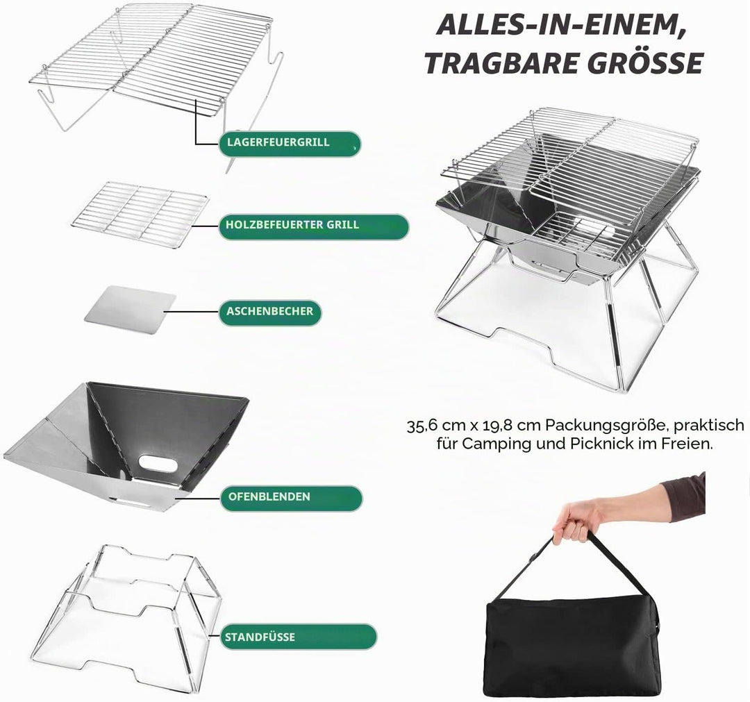 Odoland BBQ Feuerstelle Tragbare Lagerfeuerstelle Faltbarer Campinggrill 304 Edelstahl Grill für Cam