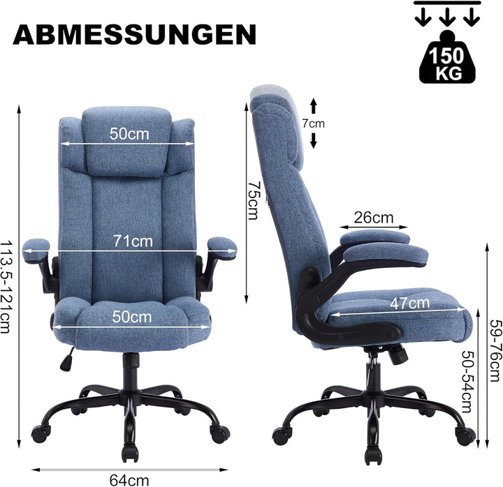 Bürostuhl Ergonomischer Computerstuhl 150KG Belastbarkeit Chefsessel Verstellbare Kopfstütze Flip-up