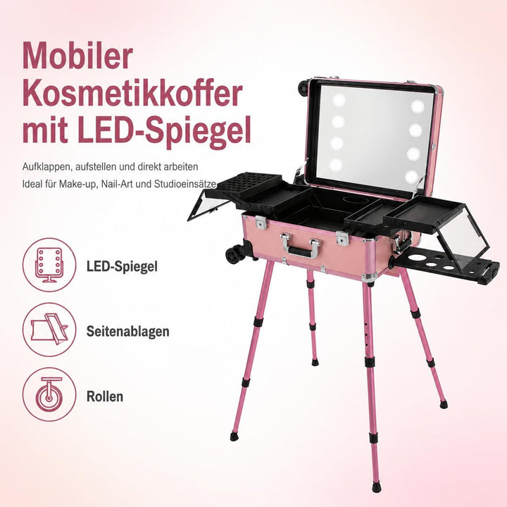 Kosmetikkoffer Trolley mit LED-Spiegel, Rosa, Aluminium, 82 cm | Ausziehbare Beine, 49 x 36 cm Spieg