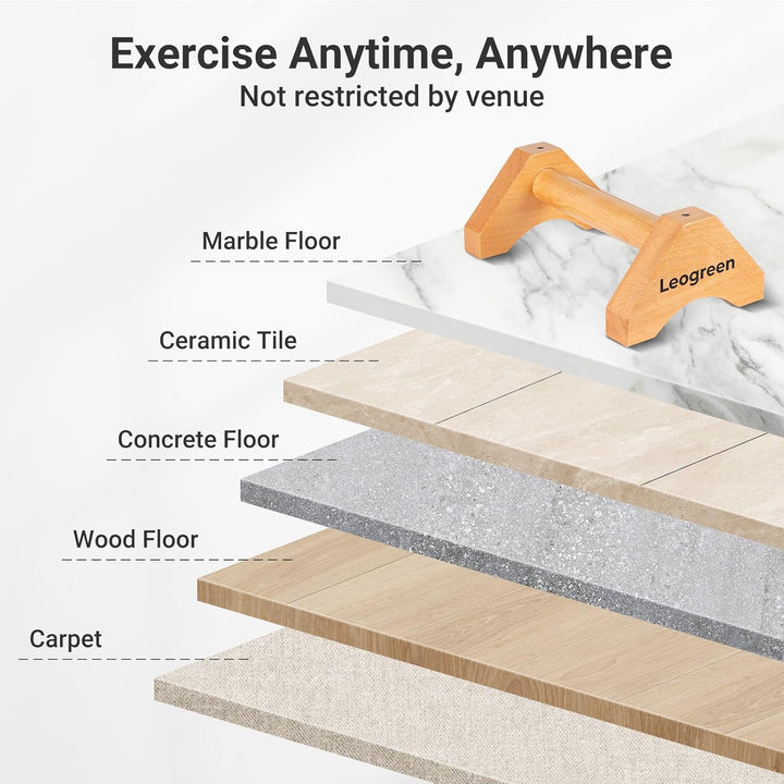 Leogreen Holz Liegestützgriffe, 2 Calisthenics Parallettes mit Antirutschmatte, Antirutschgurten und