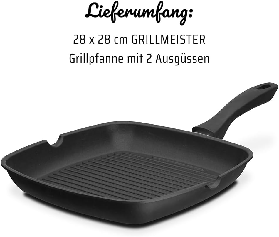 GSW 413251 Grillmeister Grillpfanne mit 2 Ausgüssen, mit Grillboden, Aluminium, schwarz - 28x28cm