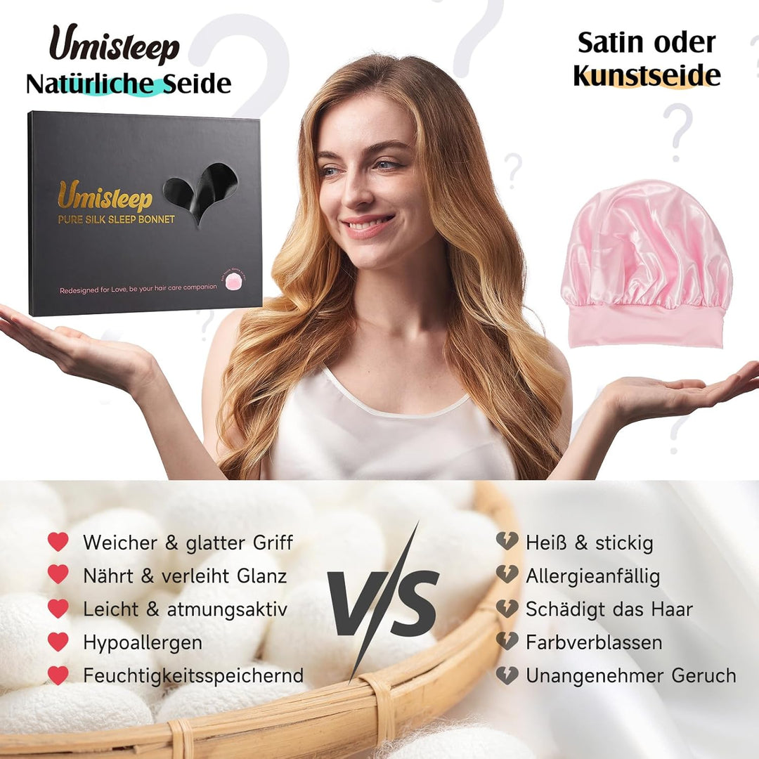 Umisleep 22 Momme Schlafmütze aus 100% Maulbeerseide, doppelseidige weiche Nachtmütze für lockiges H