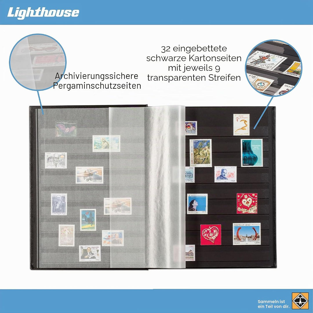 Leuchtturm 339233 Briefmarken-Sammelalbum Comfort - DIN A4, 32 Seiten, Pergaminstreifen, wattierter