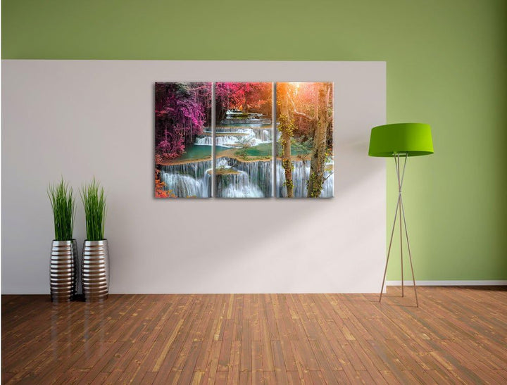 Pixxprint Wasserfall im Regenwald als Leinwandbild/Grösse: 3Teilig (120x80) / Wandbild/Kunstdruck/fe