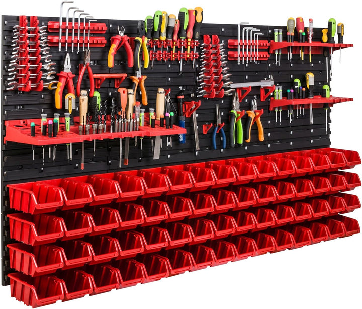 Lagersystem Werkstattregal | 156 x 78 cm | 60 stck. Box | Wandregal mit Werkzeughalterungen und Stap