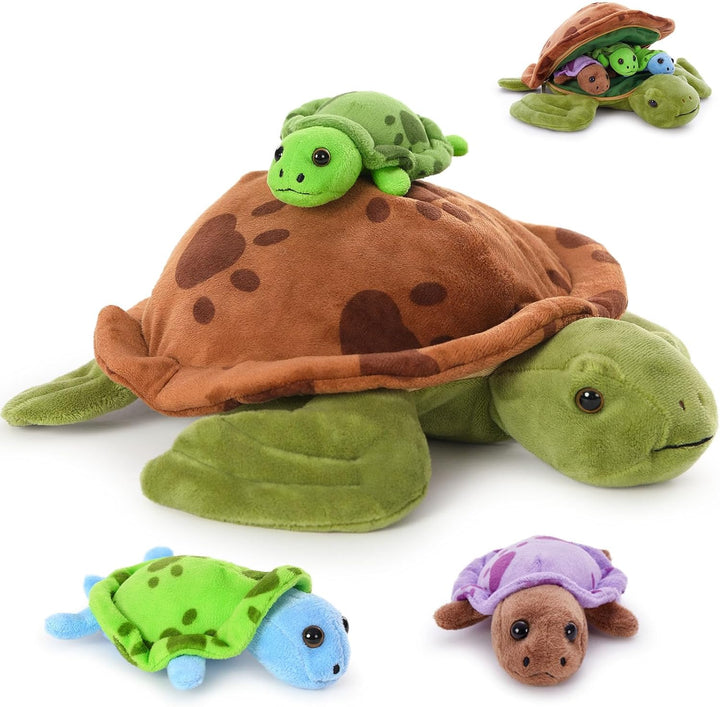 MorisMos 32cm Plüsch Kuscheltier Schildkröte mit 3 Baby im Panzer, 4 Stücke Süss Kuschelig Schildkrö