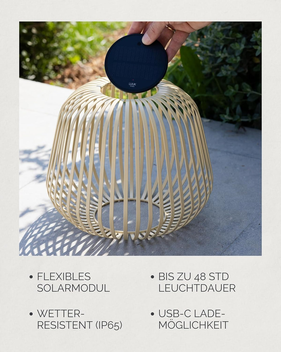 LUUK Studio Portable Solar Tischlaterne, minimalistische Aussenleuchte für Balkon und Terrasse, dimm