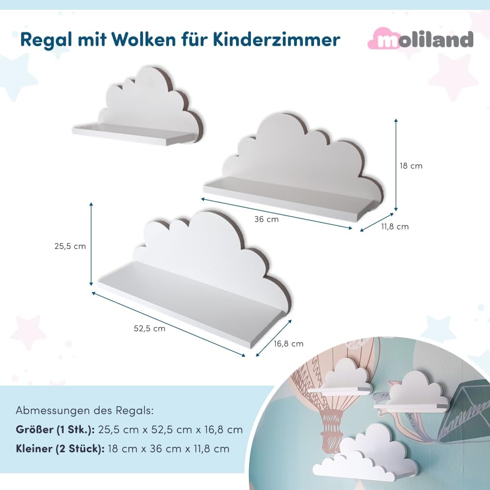 3er Set Wandregal Kinderzimmer Weiss | Babyzimmer Wolkenregal für Bücher, Spielzeug und Dekoration |