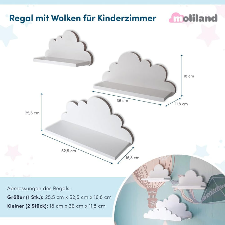 3er Set Wandregal Kinderzimmer Weiss | Babyzimmer Wolkenregal für Bücher, Spielzeug und Dekoration |