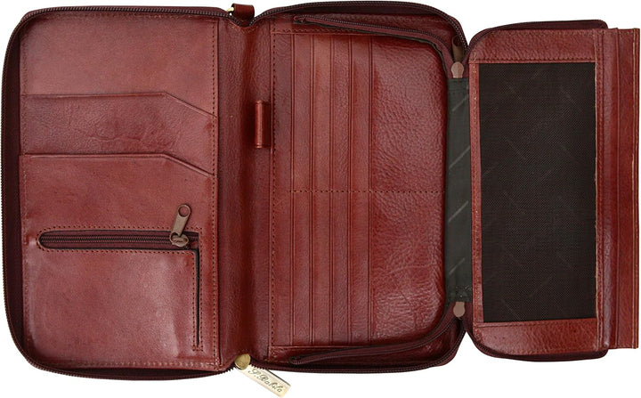 Herren Reisegeldbörse - Reisepasshülle mit Kartenfächern - als Handgelenktasche Geeignet - Cognac