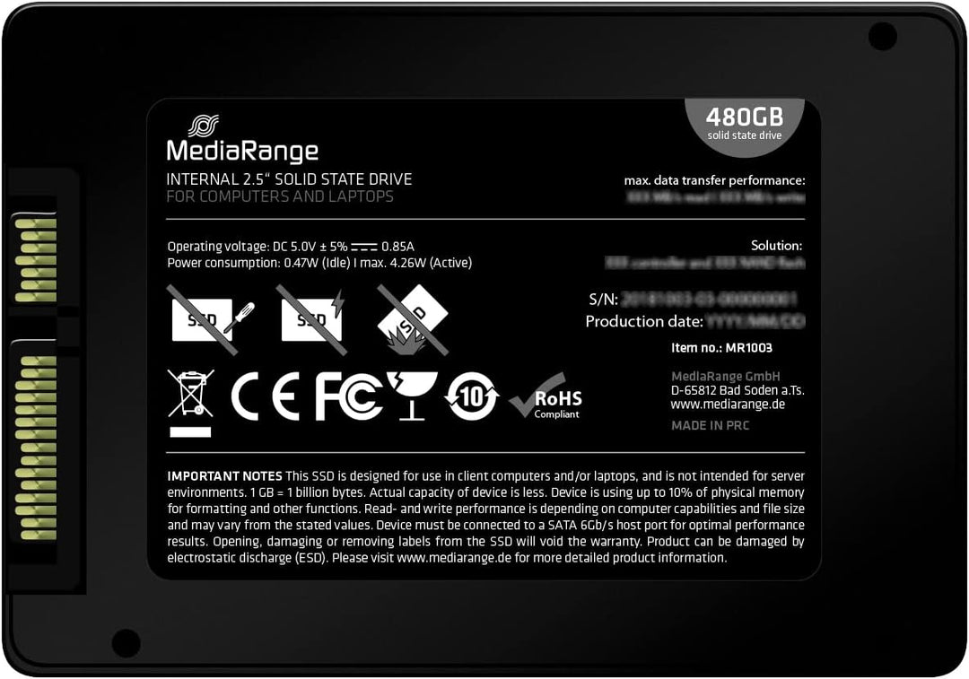 MediaRange Interne SSD Festplatte 480 GB - Solid State Drive 2,5’’ mit SATA III Schnittstelle und 3D