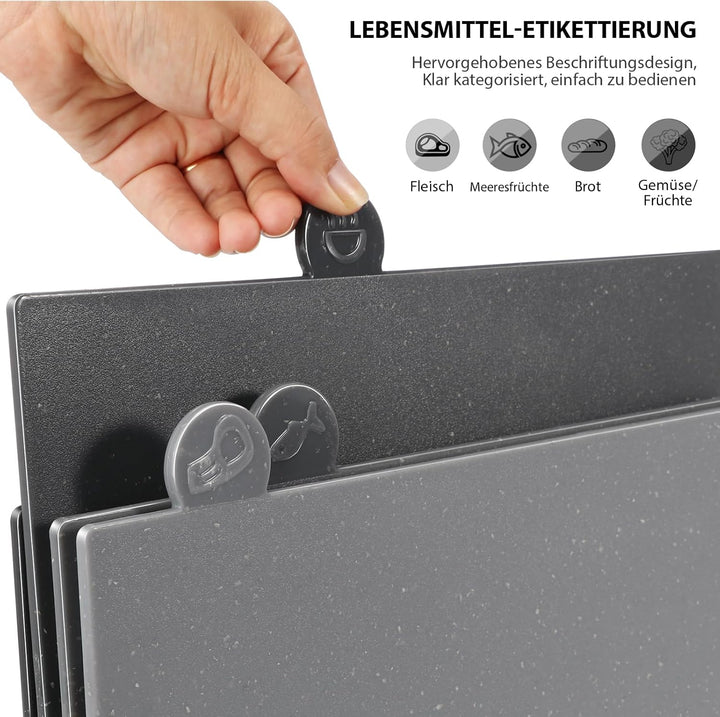 MASTERTOP Schneidebretter Kunststoff Set, 4er Schneidebrett Set mit Ständer, Index Schneidebrett Spü