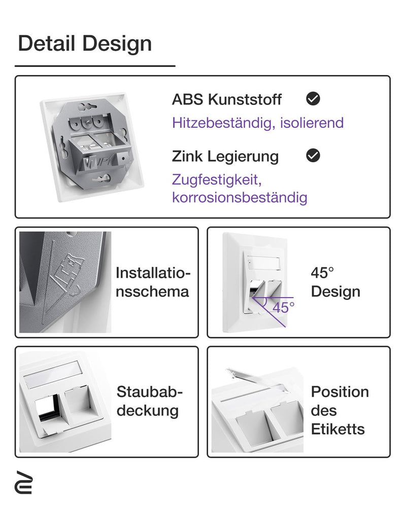 VCELINK 2x Keystone Netzwerkdose Unterputz CAT7/6A 2Fach, Lan Dose Doppelt Keystone RJ45 Modul, STP