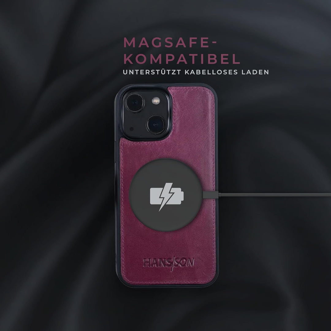 HANS/SON Hülle aus Echtleder kompatibel mit iPhone 13, Magenta, Lederhülle mit Kartenfächern, abnehm