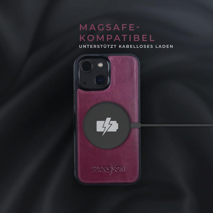 HANS/SON Hülle aus Echtleder kompatibel mit iPhone 13, Magenta, Lederhülle mit Kartenfächern, abnehm
