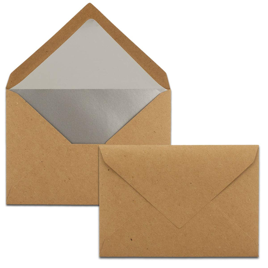 Kuverts in Kraftbraun- 100 Stück - Brief-Umschläge DIN C6-11,4 x 16,2 cm - Nassklebung - Silber-Meta