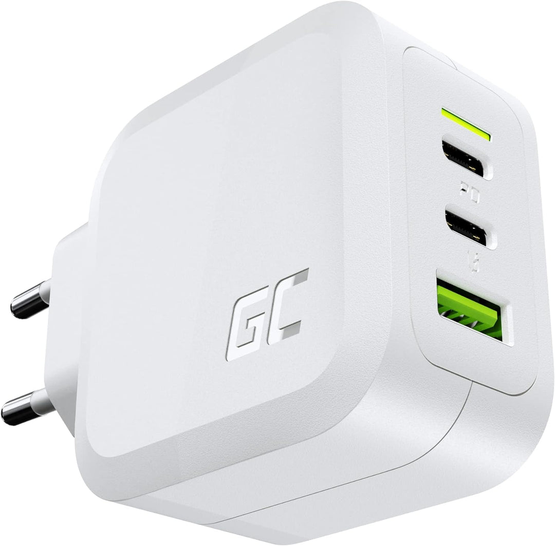 USB C Ladegerät Weisses Green Cell GaN 65W 3 Port 2x USB-C PD 1x USB-A QC 3.0 Handy Schnellladegerät
