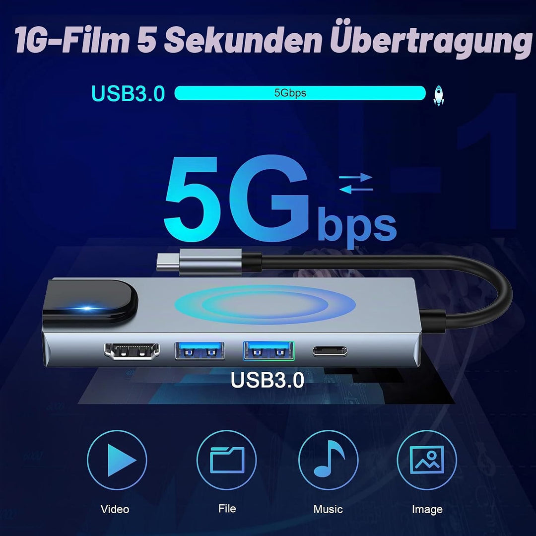 USB C Hub Multiport Adapter, 5 in 1 USB C Docking Station mit 4K HDMI, RJ45 Ethernet, USB3.0, 100W P