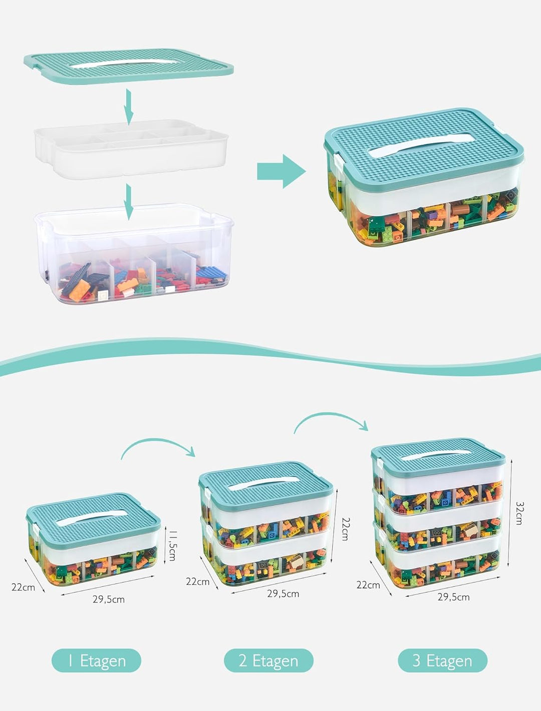 Aufbewahrungsboxen mit Deckel für Lego, 2 Ebenen Transparente Sortierboxen für Kleinteile, Plastik S