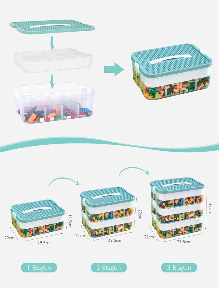 Aufbewahrungsboxen mit Deckel für Lego, 2 Ebenen Transparente Sortierboxen für Kleinteile, Plastik S