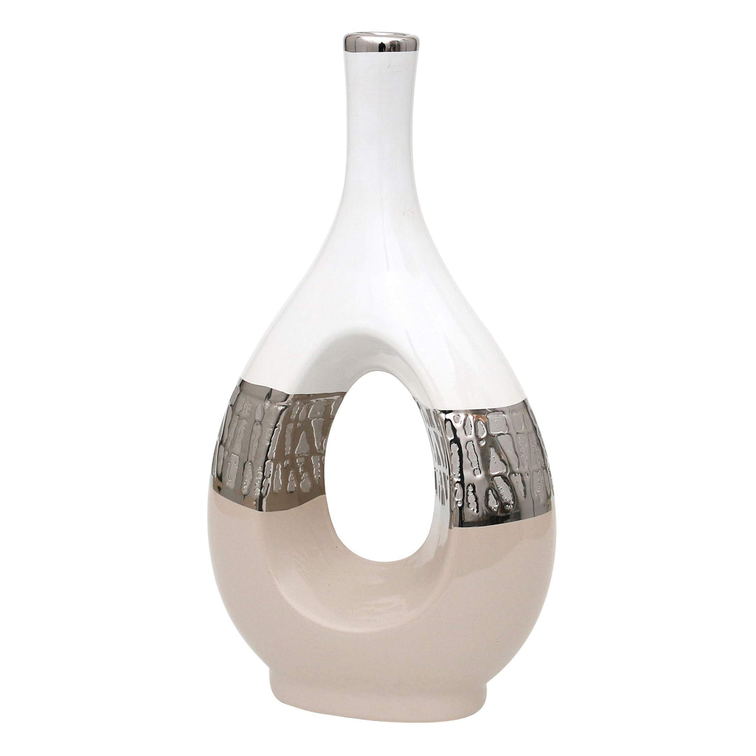 Dekohelden24 Moderne Deko Designer Keramik Vase oval mit Loch in Cappuccino/Silber/weiss. Masse L/B/