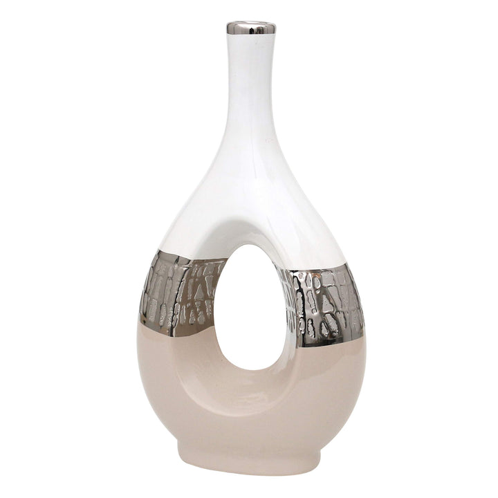 Dekohelden24 Moderne Deko Designer Keramik Vase oval mit Loch in Cappuccino/Silber/weiss. Masse L/B/