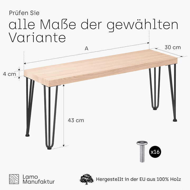 LAMO Manufaktur Sitzbank Esszimmer Holzbank 30x80x47 cm, Möbelfüsse Creative Rohstahl mit Klarlack/R