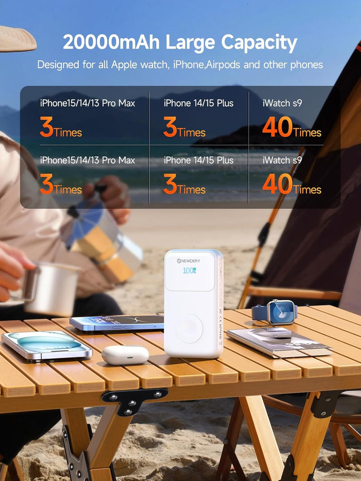NEWDERY Powerbank für Apple Watch & iPhone Ladegerät 20000mAh Drahtloses Ladestation Power Bank, Sch