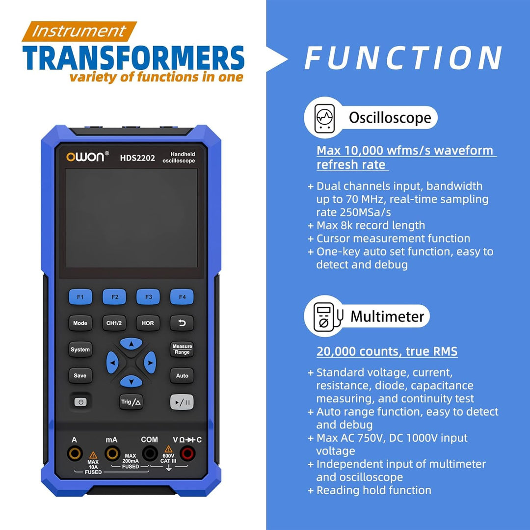 OWON HDS2202 Handheld Oszilloskop,20000 Counts Digitalmultimeter, Digitales Oszilloskop tragbar 2 in