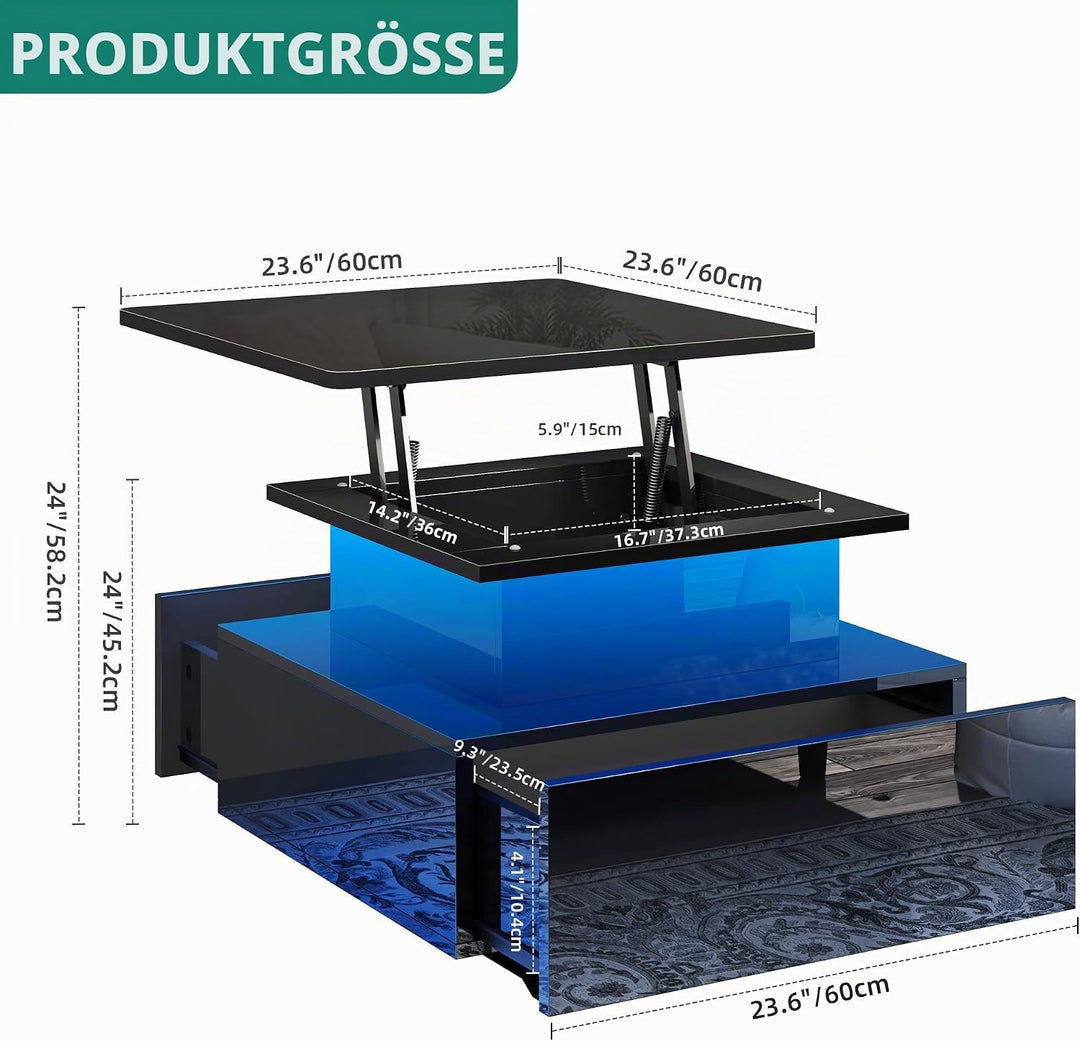 YITAHOME Couchtisch Höhenverstellbar mit LED Beleuchtung Modern, 60x60x45cm, Wohnzimmertisch Hochgla
