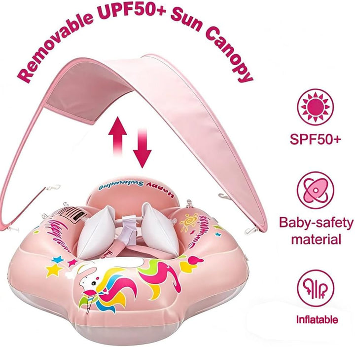 Baby Schwimmring mit abnehmbarem sonnendach,Schwimmhilfe verstellbare Schultergurte Blau, Blau