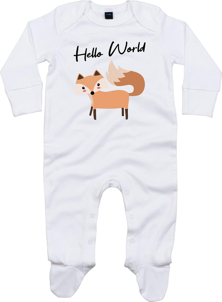 Baby Body Schlafanzug Strampler Langarm Junge Mädchen Hello World Tiermotiv Tiere Fuchs 6-12 Monate