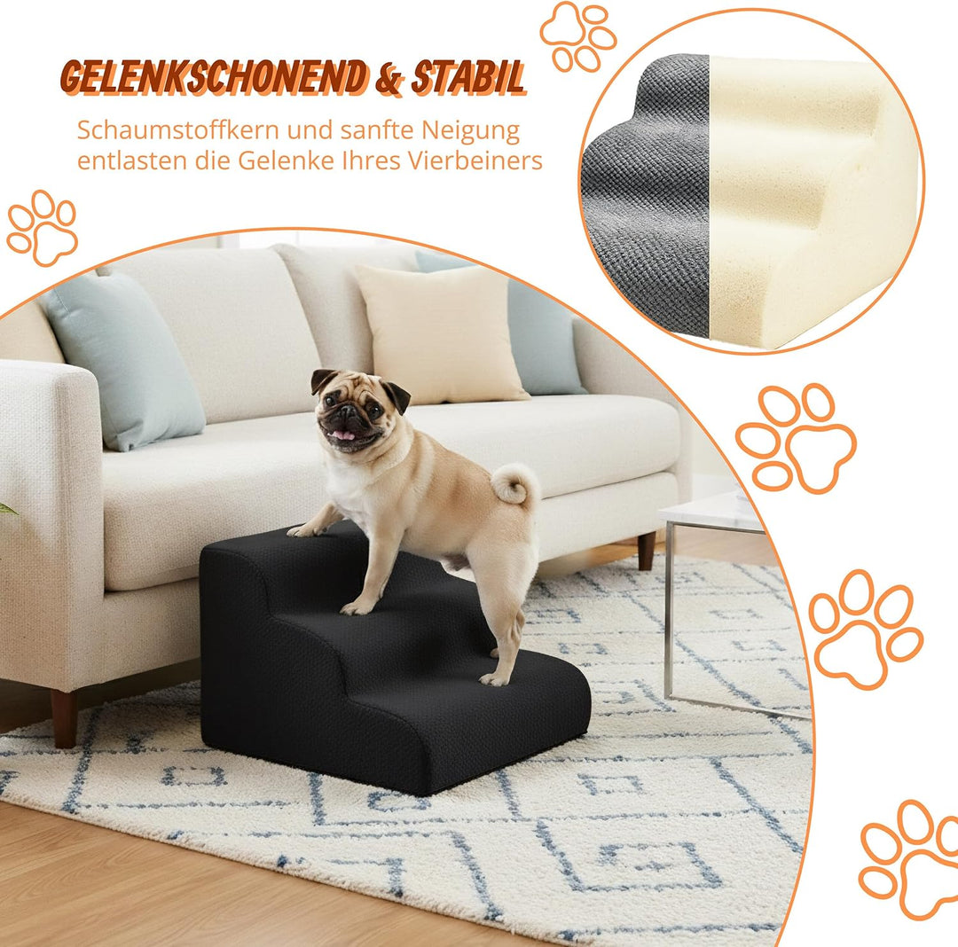 Relaxdays Hundetreppe, 3 Stufen, HxBxT: 35 x 35 x 56 cm, rutschfest, Stoffbezug, Haustiertreppe Bett
