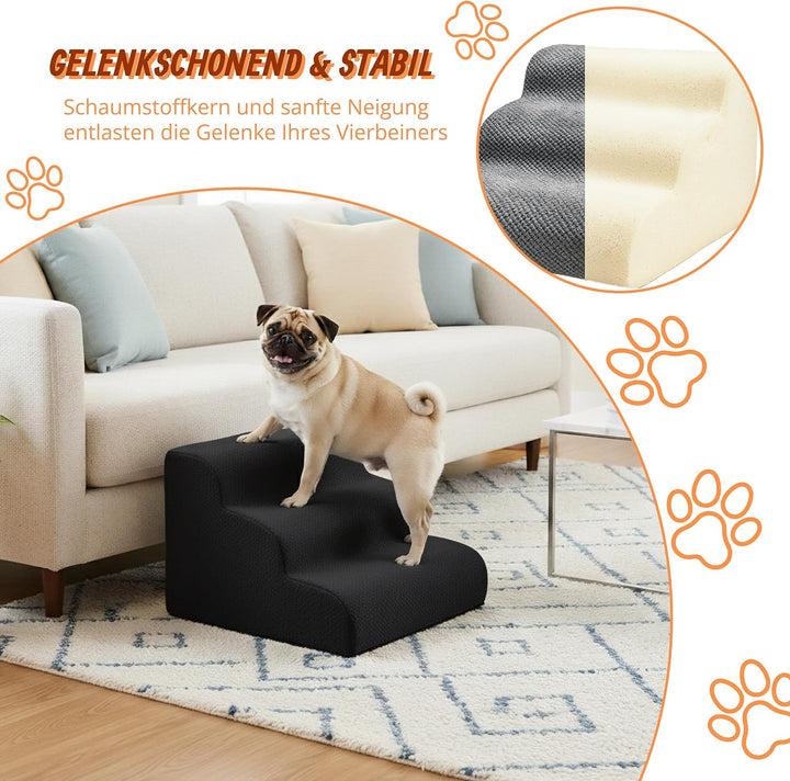 Relaxdays Hundetreppe, 3 Stufen, HxBxT: 35 x 35 x 56 cm, rutschfest, Stoffbezug, Haustiertreppe Bett