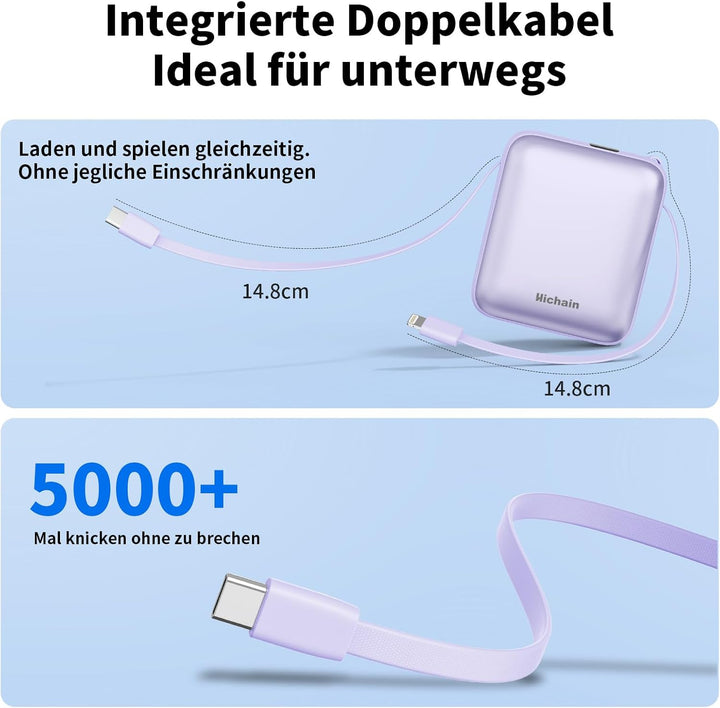 Hichain Power Bank Klein, 10000mAh 22,5W Powerbank USB C Schnellladen mit Integriertem USB-C Kabel,