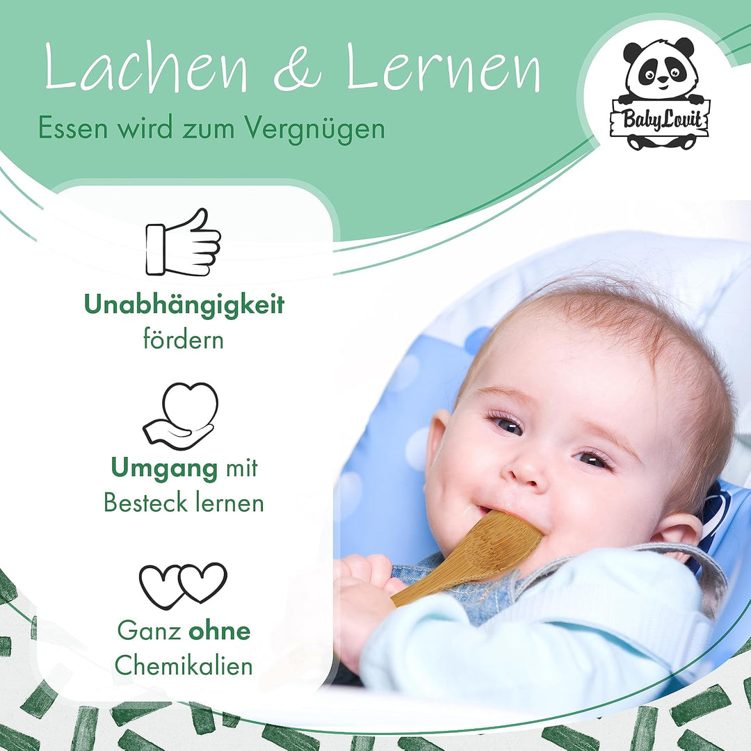 Babylovit Bambus Kinderteller | TÜV Geprüfter Baby Teller mit Saugnapf &amp; Esslernbesteck | BLW Beikos