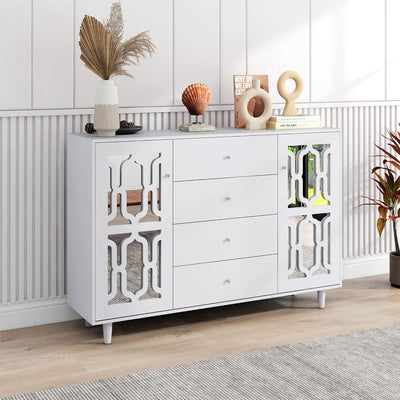 ModernLuxe - Weiss verspiegelte Sideboard mit Kristallgriffen, für Wohn- und Esszimmer (147,5 x 40 x