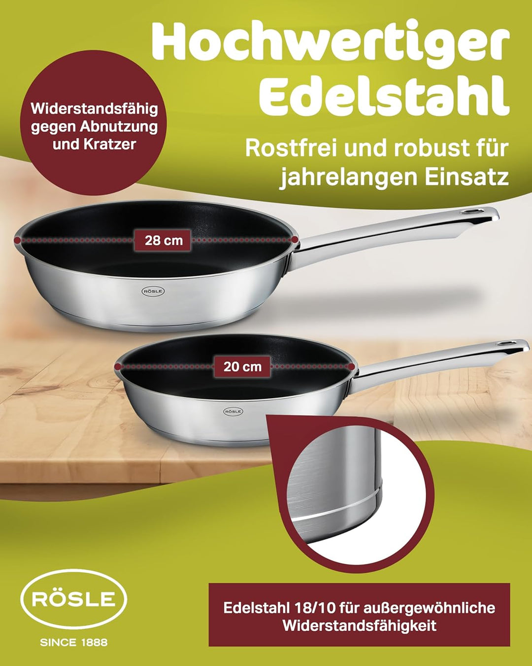 RÖSLE Moments Pfannenset 2-tlg 20/28 cm – Hochwertige Bratpfanne Edelstahl antihaft beschichtet, kra