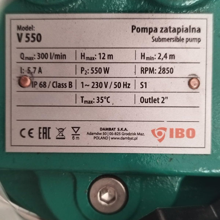 Set IBO Furiatka 2 Tauchpumpe Pumpe Wasserpumpe V550 230V mit Zerkleinerer + 20m Schlauch + 2" Ansch