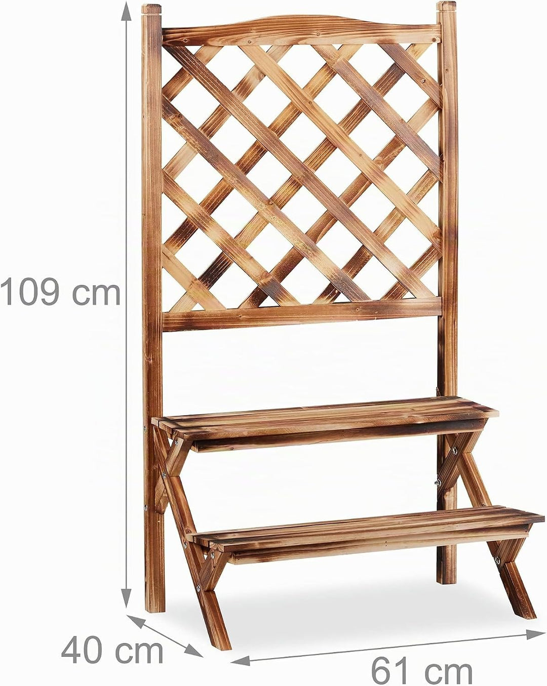 Relaxdays Blumentreppe mit Rankgitter, Blumenregal 2 Ebenen, stehende Pflanzentreppe Holz, HBT: 109x