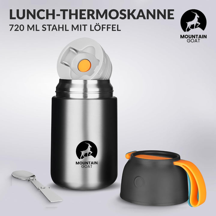 MOUNTAIN GOAT Thermobehälter für Essen 720ml, Speisegefäss mit Klapplöffel aus Edelstahl, Warmhalteb