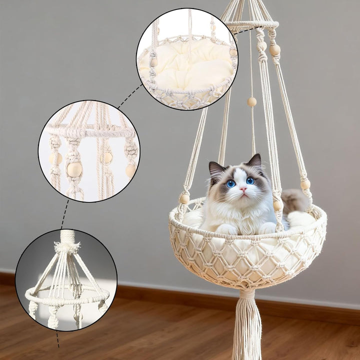 Katzen Hängeschaukel,Handgeknüpftes Katzenbett mit Kissen & Aufhängung, Handgewebtes Katzen-Hängemat