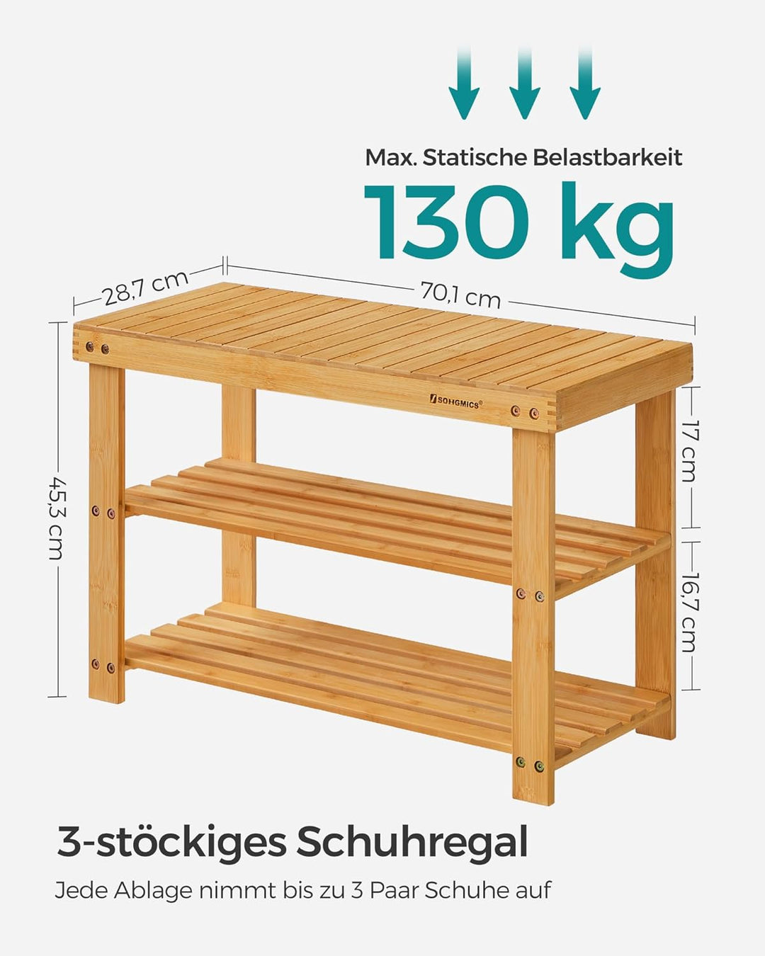 SONGMICS Schuhregal, Schuhschrank mit Sitzbank, Bambus Schuhbank mit 3 Ablagen, 70 x 28 x 45 cm idea