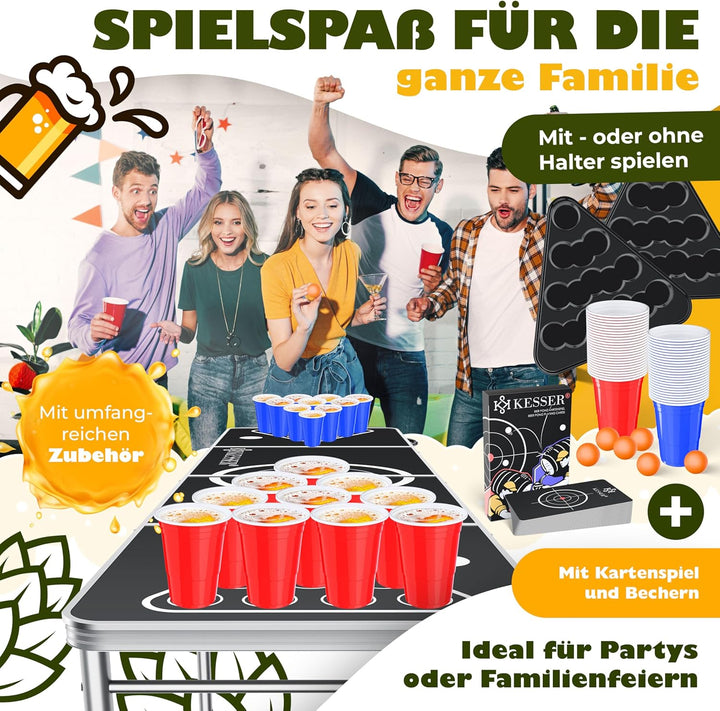 KESSER® Bier Pong Tisch Set mit Kartenspiel Trinkspiel - inkl. 100 Becher (50 Rot & 50 Blau), 6 Bäll