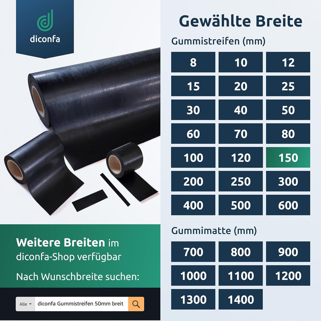 diconfa Gummistreifen BREITE 150mm (15cm) - WÄHLBAR - DICKE: 1 bis 10mm - LÄNGE: 0,05 bis 10m - Ausw
